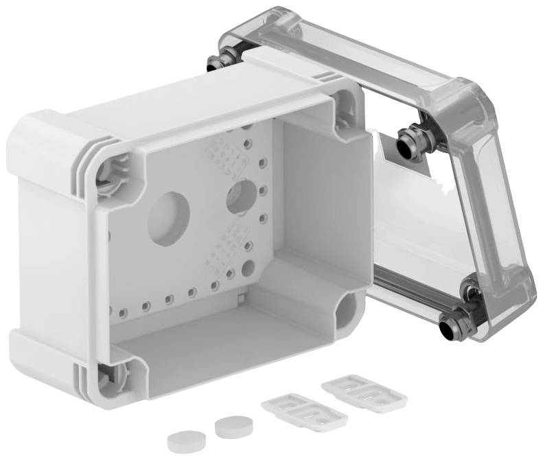 Elektronisches Gehäuse, geöffnet. Enthält keine Elektronik. Transparentes Cover, weiße Basis, geeignet für Verkabelung oder Sensoren.