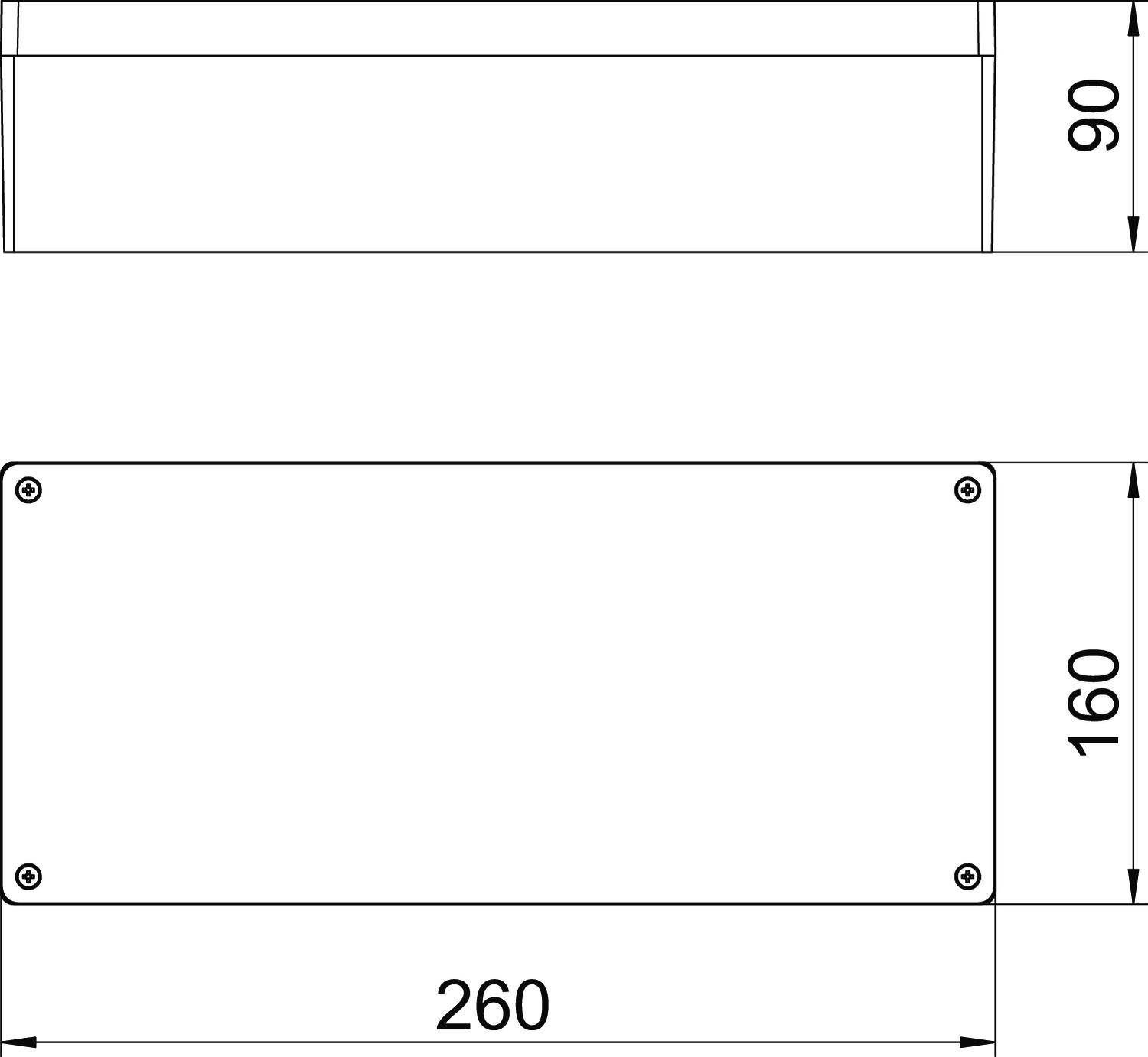 Technische Zeichnung eines rechteckigen Kastens. Oben: Seitenansicht mit einer Höhe von 90. Unten: Draufsicht mit Maßen 260 x 160.