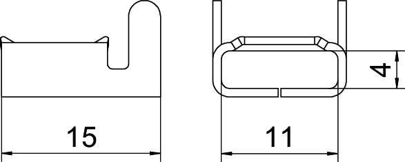 Technische Zeichnung eines Metallprofils im Querschnitt. Links: L-förmiges Profil mit 15 mm Breite. Rechts: Rechteckiges Profil mit 11 mm Breite und 4 mm Höhe.