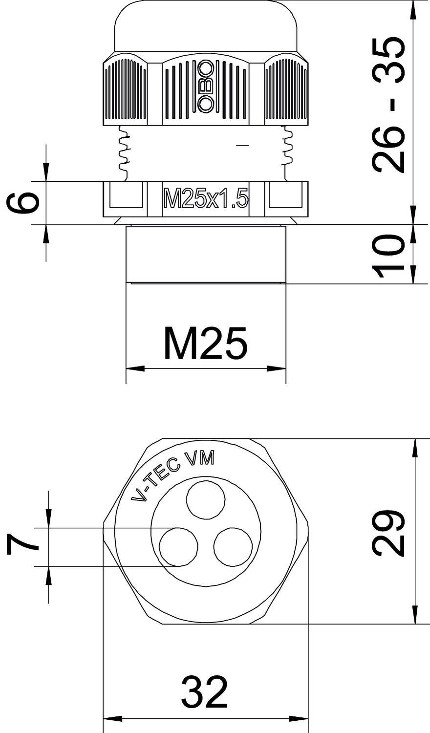 Technische Zeichnung eines Kabelverschraubungstyps M25x1.5. Zeigt Abmessungen: Durchmesser 32mm, Höhe 29mm, Gewindebereich 26-35mm. Marke: V-TEC VM.