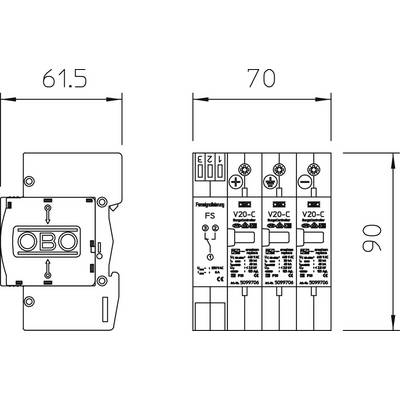 Technische Zeichnung eines Überspannungsschutzgeräts mit den Modellbezeichnungen 'V20-C', Abmessungen sind 61,5 x 70 x 90 mm.