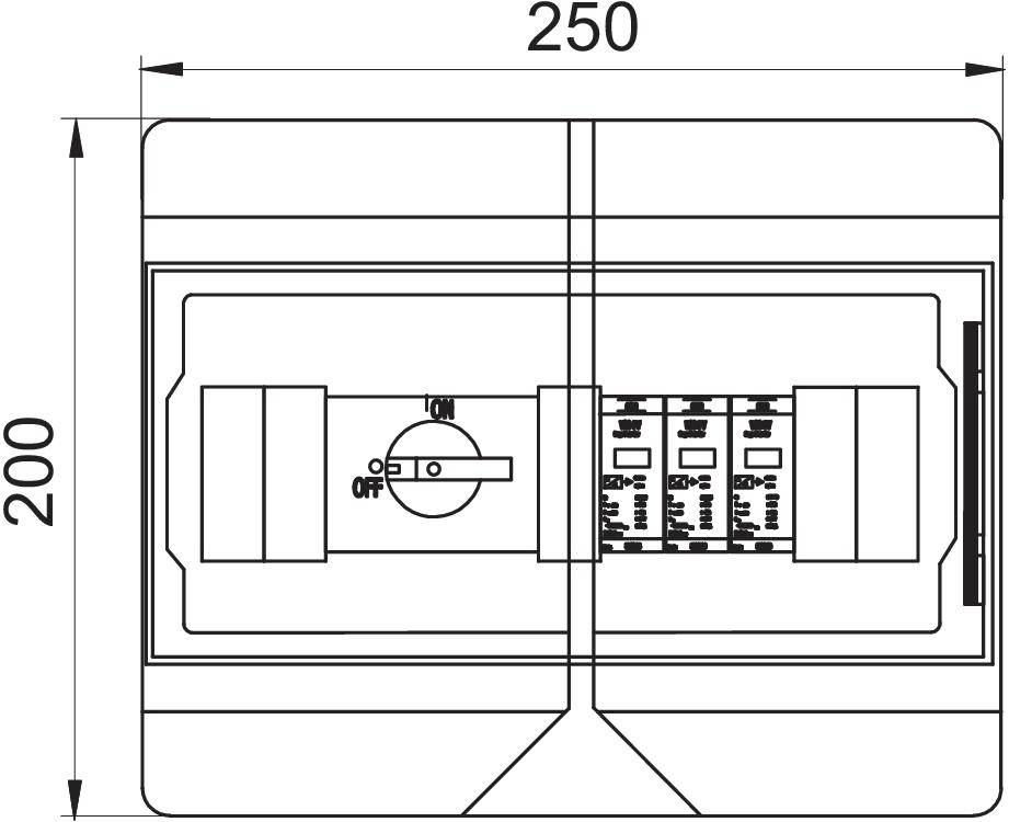 Schaltplan eines Sicherungskastens mit den Maßen 250 mm Breite und 200 mm Höhe, zeigt Schalterpositionen 'ON' und 'OFF'.