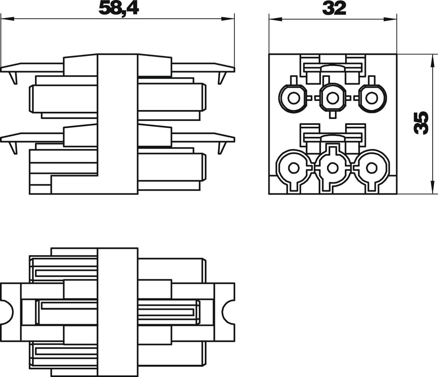 Diagramm einer elektrischen Steckverbindung mit Maßen: Breite 58,4 mm, Tiefe 32 mm, Höhe 35 mm, zeigt Steckansichten und Anschlussdetails.
