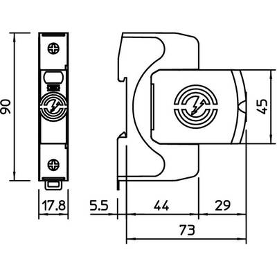 Technische Zeichnung eines 90x45 mm Riegelschlosses mit Maßen: 17,8 mm Breite, 5,5 mm Abstand, 73 mm Gesamtlänge. Enthält ein kreisförmiges Symbol.