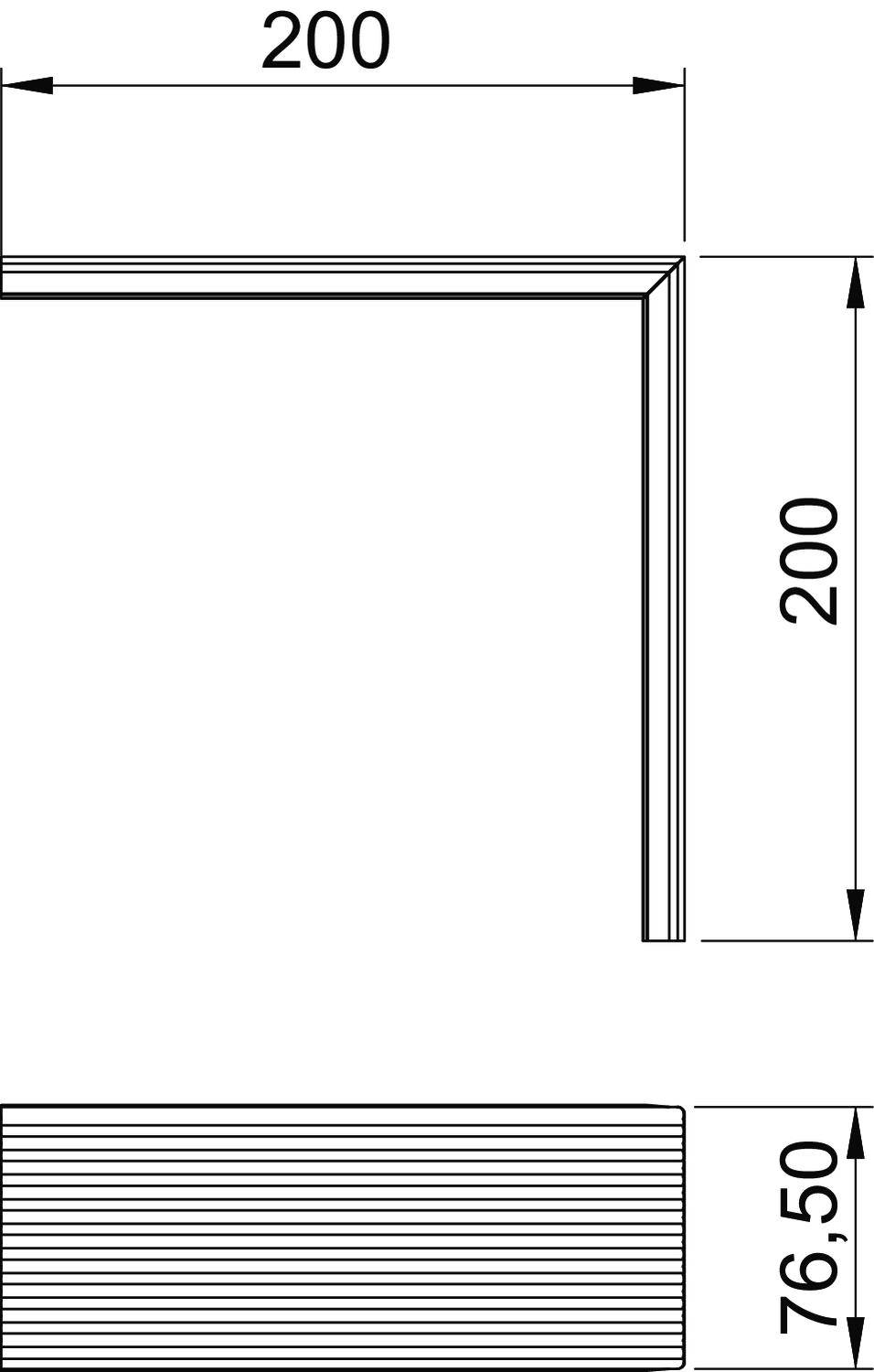 Technische Zeichnung eines quadratischen Rahmens mit Seitenlängen von 200 mm, Höhe von 76,5 mm, dargestellt von oben und von der Seite.