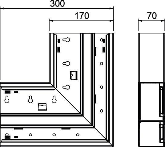 Technische Zeichnung eines Rahmens in L-Form mit Bemaßungen. Die Rahmentiefe beträgt 300 mm, die Breite 170 mm, und ein weiterer Abschnitt zeigt 70 mm.