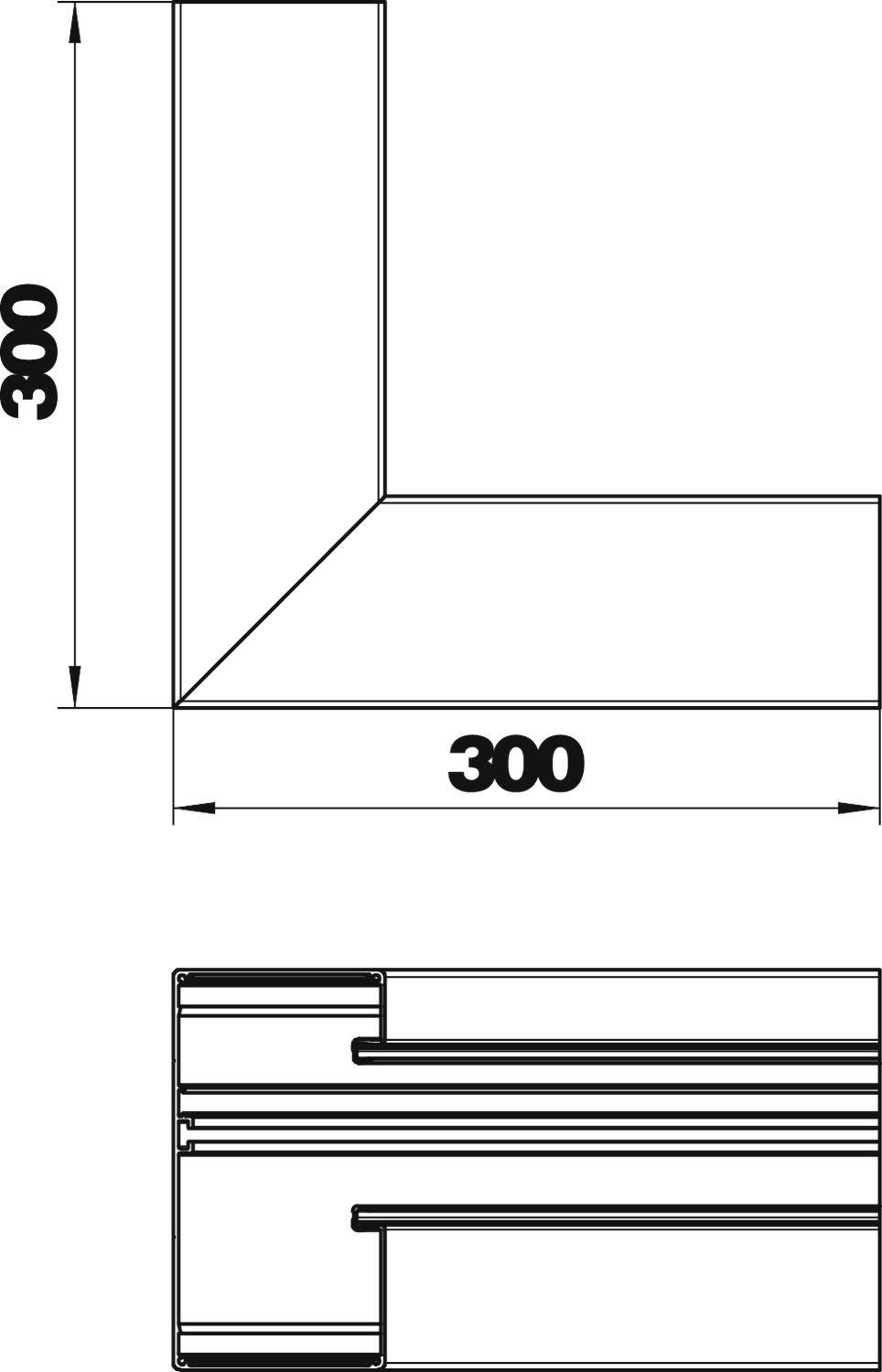 Zeichnung eines L-Profil-Bauteils mit Maßen: 300 mm Breite, 300 mm Höhe. Querschnitt zeigt Details der Schichtaufteilung.