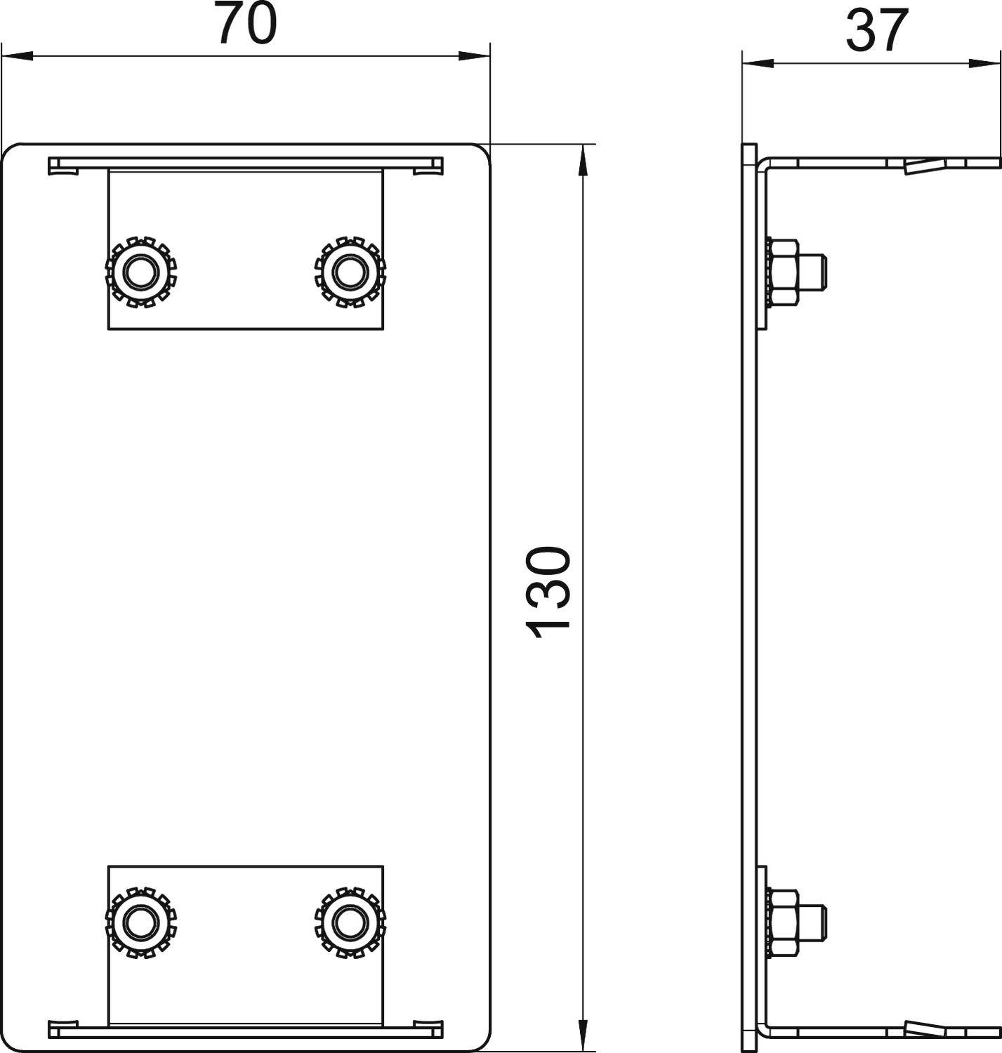 Technische Zeichnung eines rechteckigen Teils mit den Maßen 130x70 mm und einer Seitenansichtstiefe von 37 mm, mit Bohrlöchern.