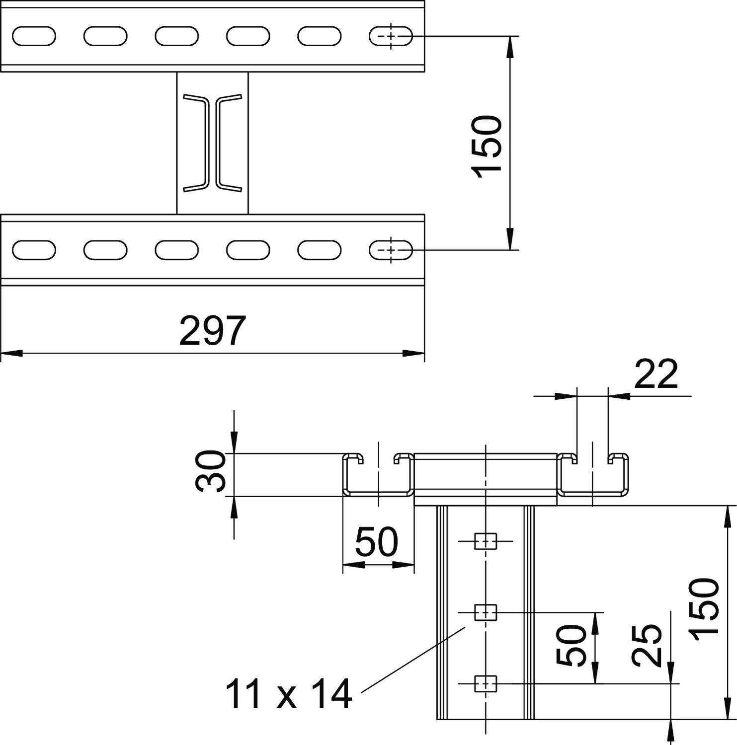 Technische Zeichnung eines Metallprofils, das Länge, Breite und andere Maße zeigt. Hauptmaße sind 297 mm Breite und 150 mm Höhe.