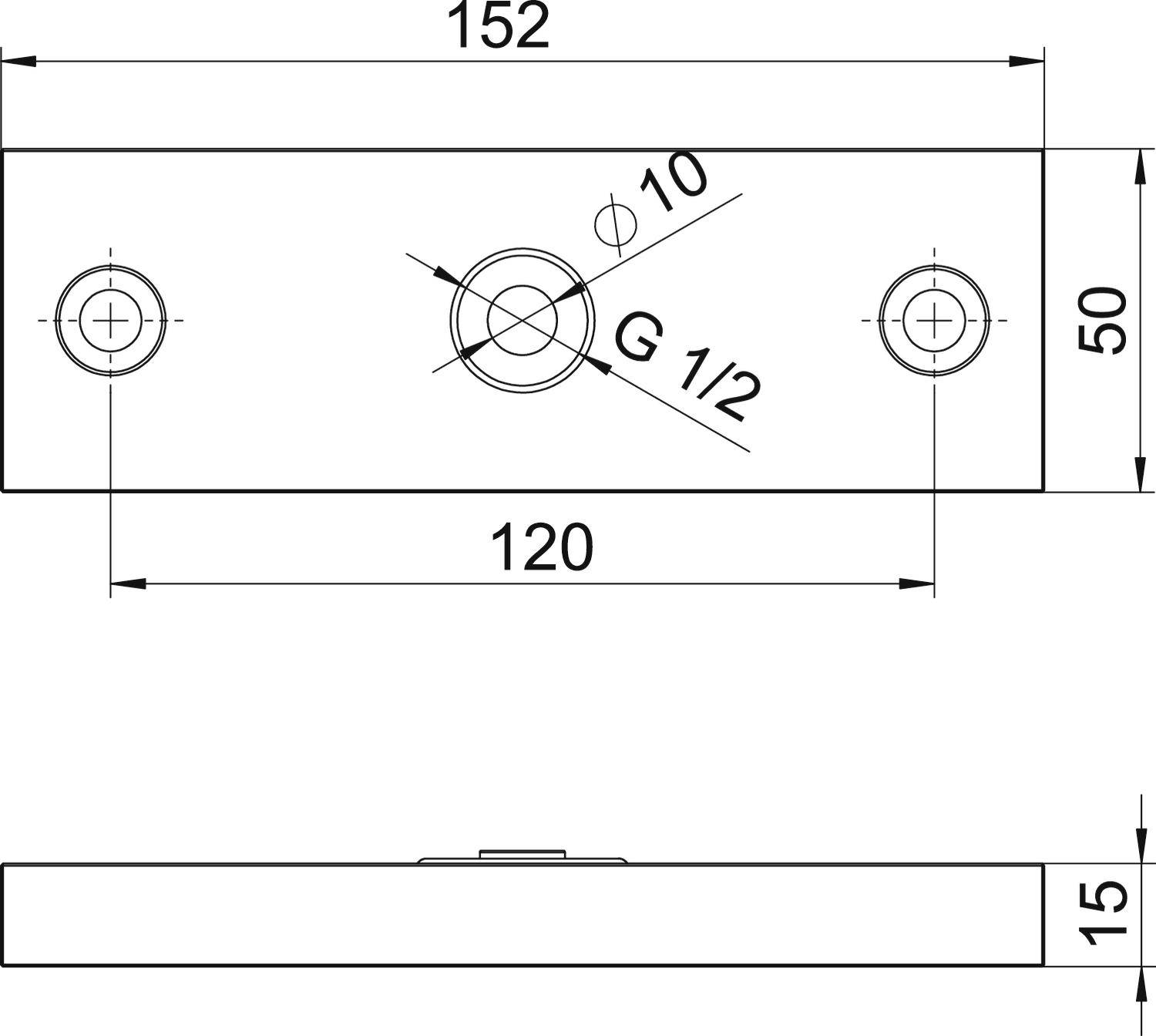 Technische Zeichnung eines Rechteckbauteils mit Maßen: 152x50x15 mm. Zentriertes Loch G 1/2, seitliche Bohrungen, Abstand 120 mm.