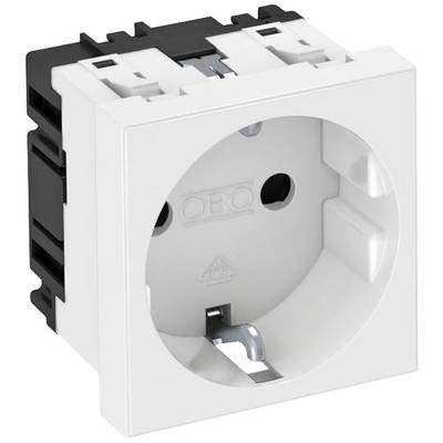 Weiße Unterputz-Schuko-Steckdose aus Kunststoff mit zwei Löchern und Schutzkontakt, geeignet für den Einbau in Wänden.