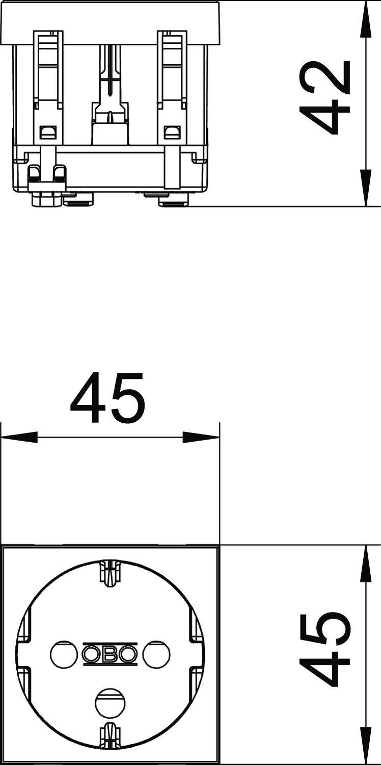 Zeichnung einer elektrischen Steckdose mit den Abmessungen: Breite 45 mm, Höhe 45 mm, Tiefe 42 mm. Draufsicht und Seitenansicht gezeigt.