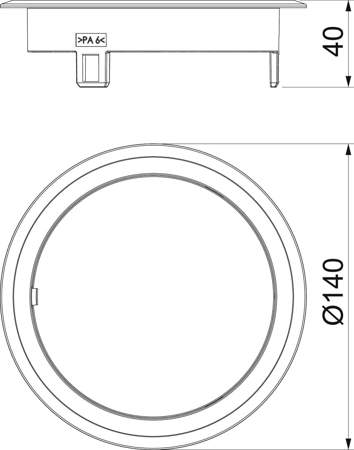 Diagramm eines runden Lüftungselements mit einem Durchmesser von 140 mm und einer Höhe von 40 mm; Material: PA 6K.