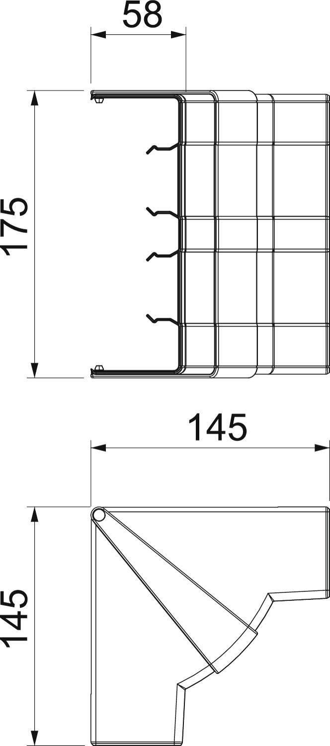 Seitenansicht und Abmessungen eines technischen Bauteils: 175 mm Höhe, 58 mm Breite, 145 mm Tiefe. Draufsicht zeigt Befestigungsdrähte.