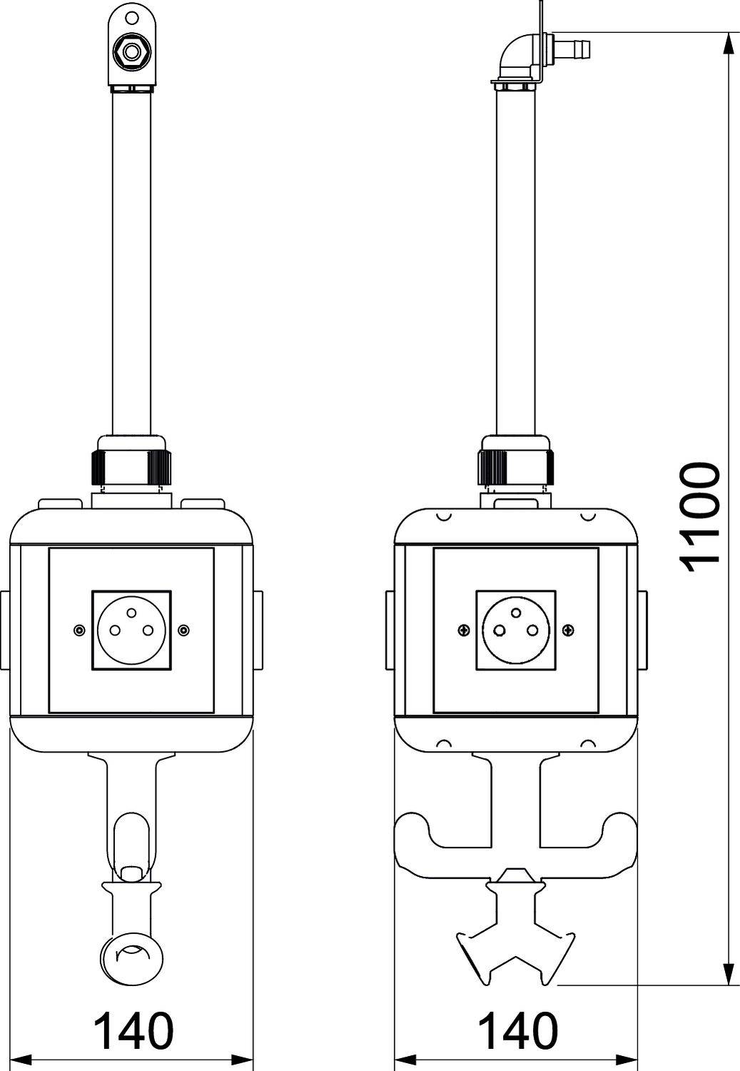 Technische Zeichnung von zwei Wandsteckdosen mit Abmessungen. Höhe: 1100 mm, Breite: 140 mm. Enthält Anschlussdetails.