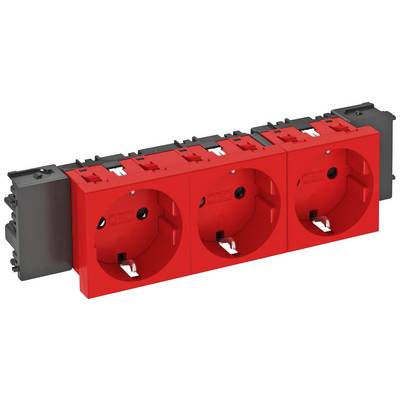 Dreifach-Steckdosenleiste in Leiste montiert, rote Gehäuse. Geeignet für elektrische Installationen, kompatibel mit verschiedenen Steckertypen.