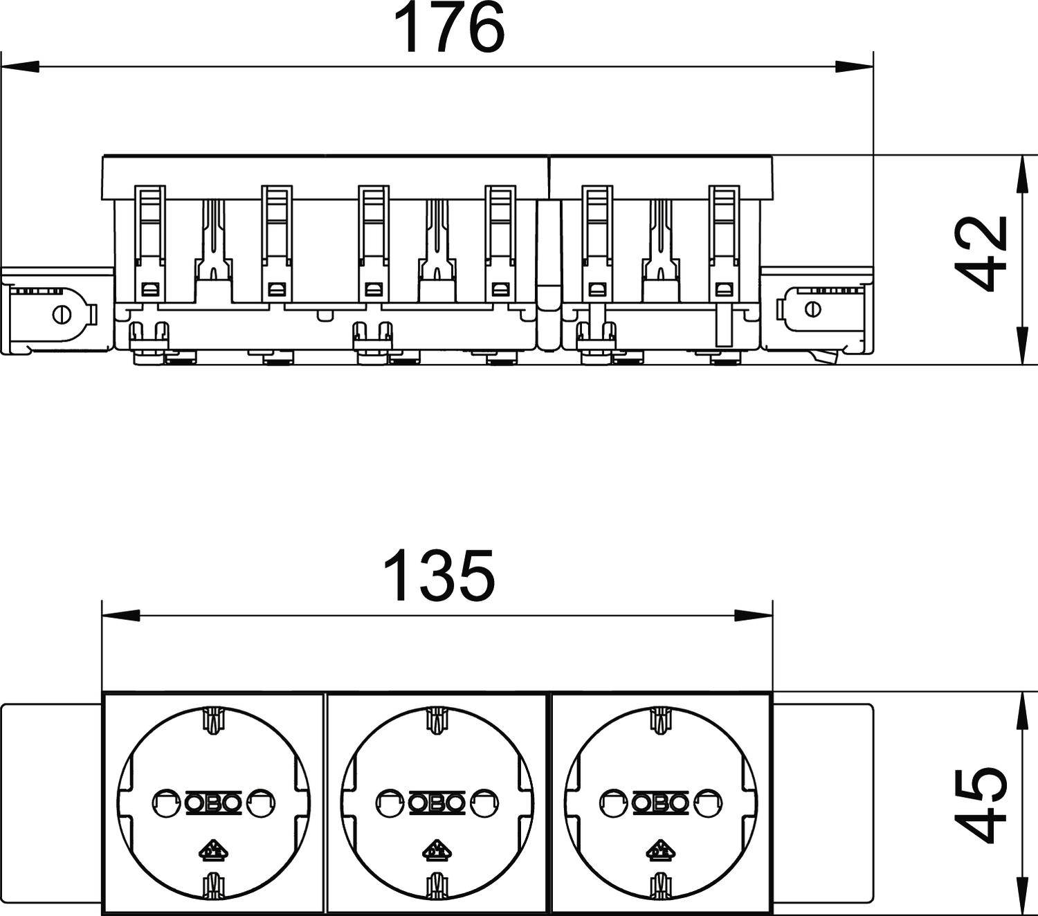 Technische Zeichnung einer Steckdosenleiste mit drei Steckdosen. Maße: Länge 176 mm, Höhe 42 mm, Breite 45 mm, Abstand 135 mm.