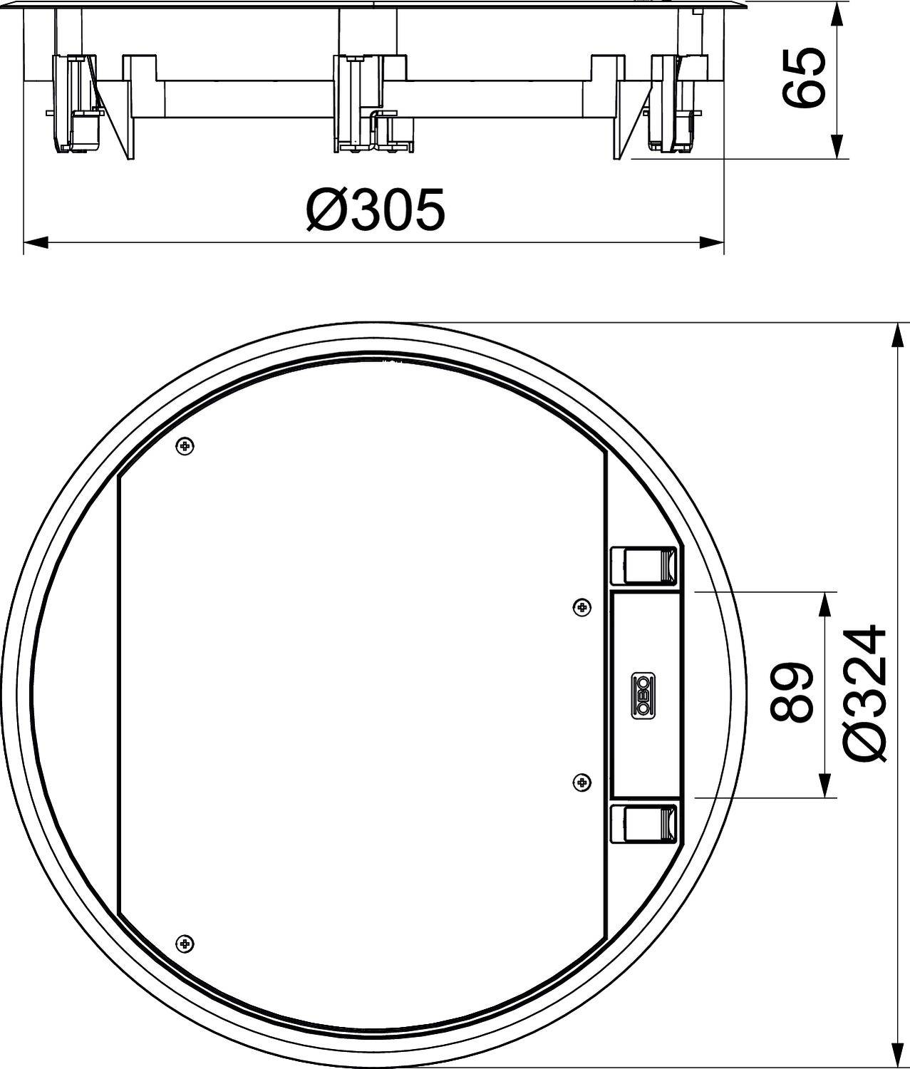 Technische Zeichnung einer runden Lüftungsöffnung mit den Maßen: Durchmesser 305 mm, Höhe 65 mm, äußere Blende 324 mm.