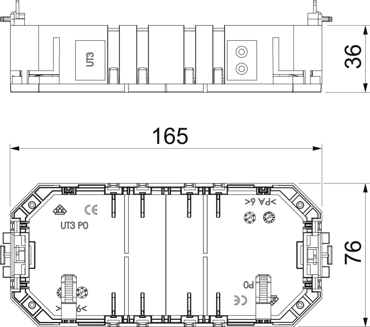 Technische Zeichnung eines rechteckigen Bauteils mit Maßen: 165 mm Länge, 76 mm Breite, 36 mm Höhe. Oben 'UT3' beschriftet.
