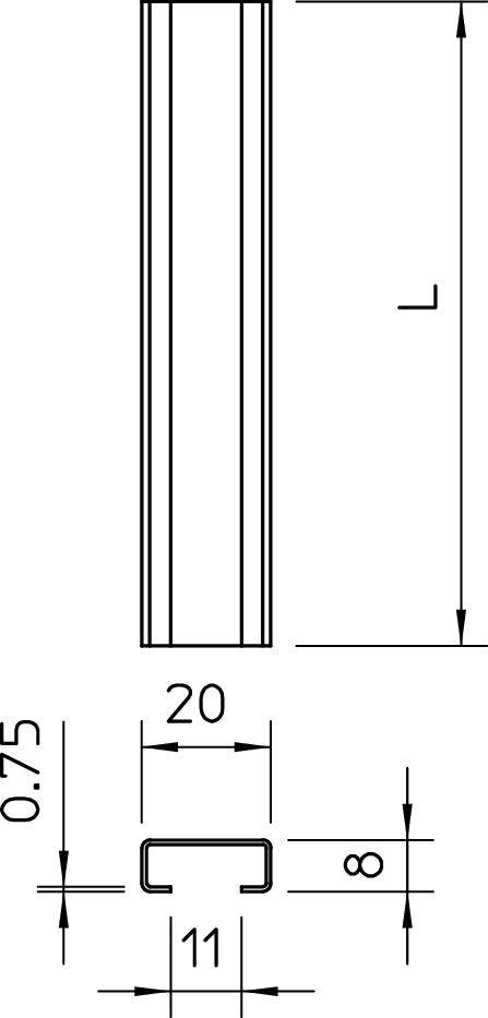 Technische Zeichnung eines Querschnitts: Rechteckrohr mit den Maßen 20 mm Höhe, 11 mm Breite, 0,75 mm Wandstärke.