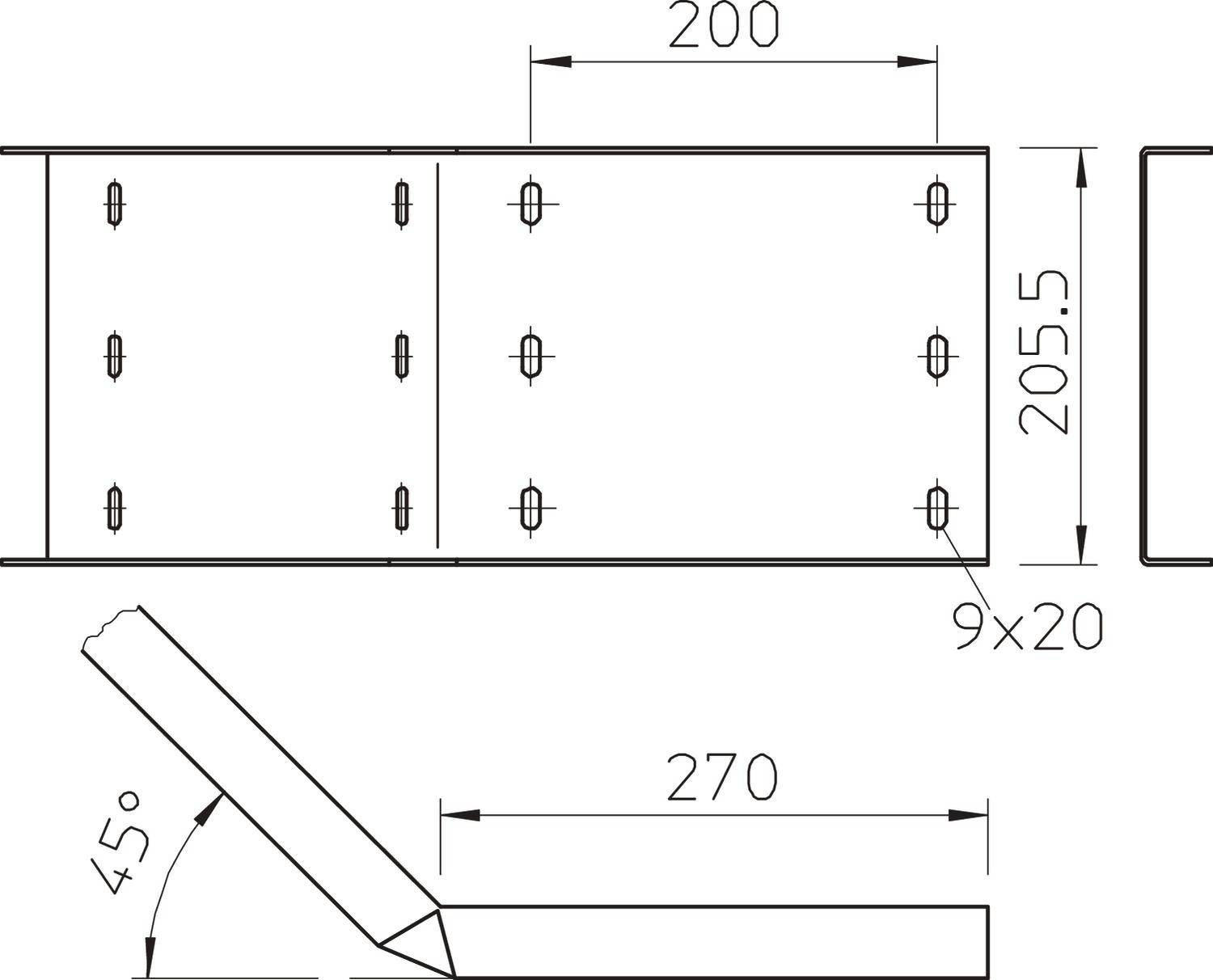 Zeichnung eines rechteckigen Bauteils mit Bemaßungen: Länge 200 mm, Breite 205,5 mm, Dicke 9 mm. Winkel von 45 Grad markiert.