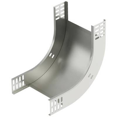 Ein silbernes Metallbauteil, das gebogen ist und Öffnungen an den Seiten hat. Möglicherweise Teil eines Kabelkanalsystems.