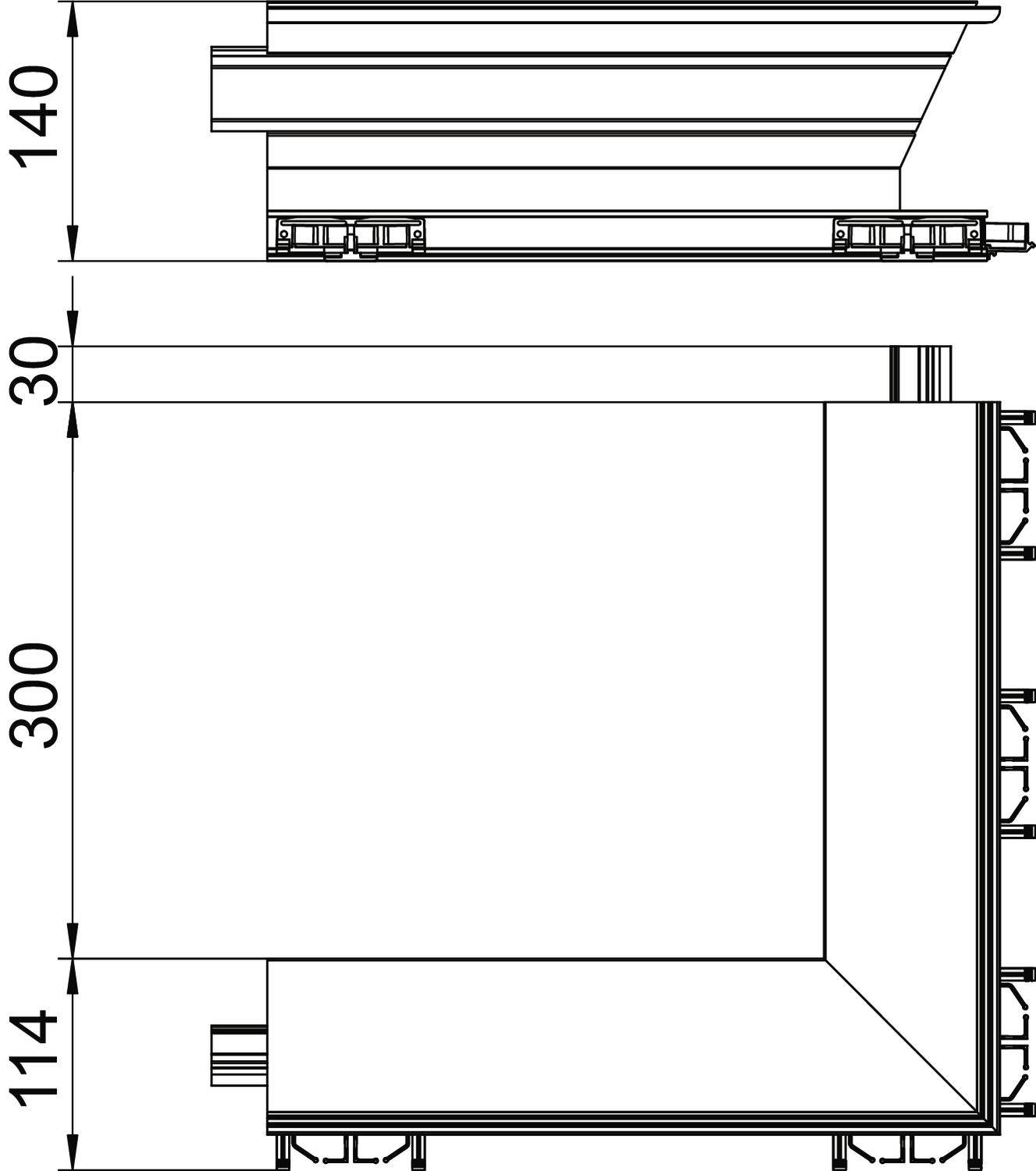 Technische Zeichnung eines Fensters im Querschnitt. Oben: Detailansicht des Fensterrahmens; Unten: Seitenansicht mit Maßen.