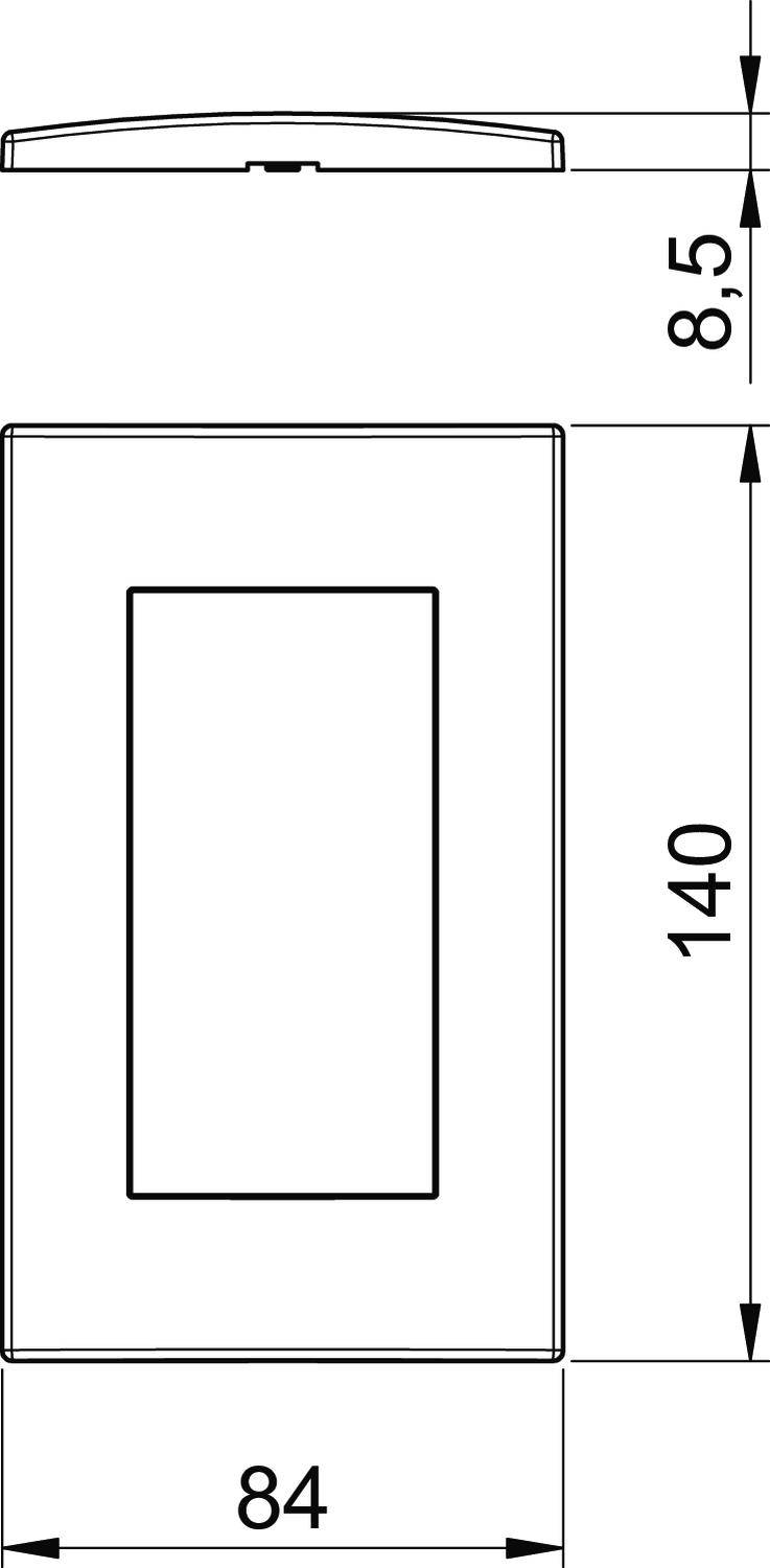 Abbildung zeigt die Maße eines rechteckigen Schalters: 140 mm hoch, 84 mm breit, 8,5 mm dick. Draufsicht und Seitenansicht.