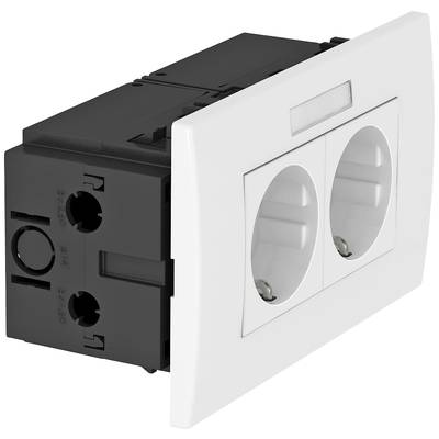 Weiße Doppelsteckdose in Kunststofffassung, mit schwarzer Rückseite, geeignet für den Einbau in europäische Wände.