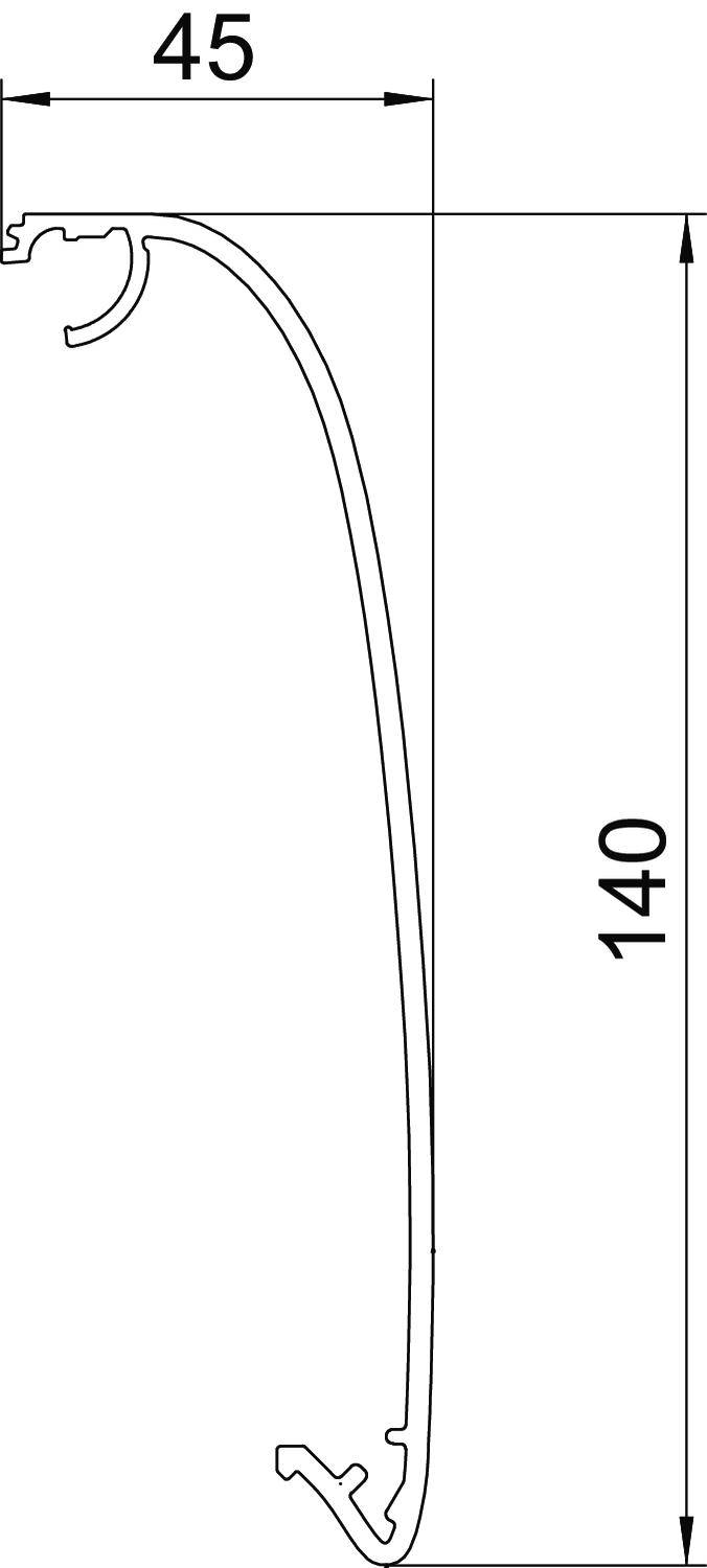 Seitliche Ansicht eines Profils mit abgerundeter Form, Höhe 140 mm und Breite 45 mm, zeigt technische Spezifikationen.