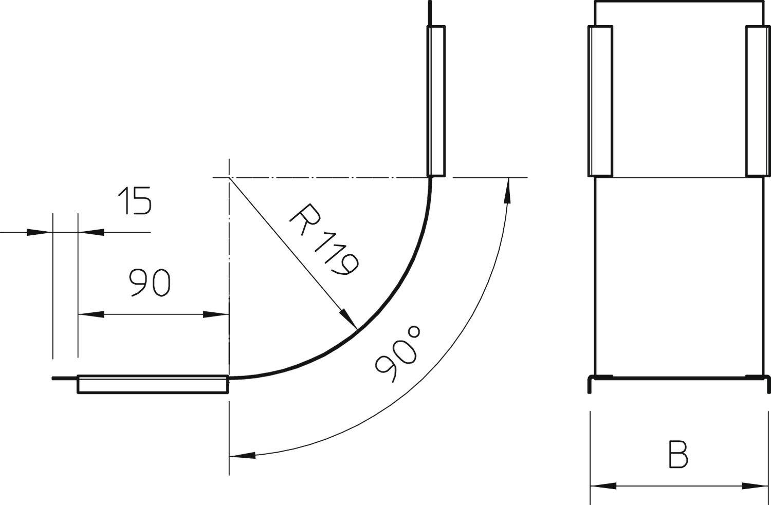 Technische Zeichnung eines Rohrbogens. Winkel 90 Grad, Radius R119, weitere Maße sind 15 und 90. Quadratische Enden gezeigt.