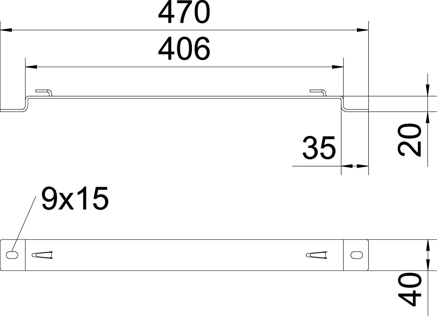 Technische Zeichnung eines Metallprofils mit Maßen: Breite 470 mm, Höhe 40 mm. Seitliche Einbuchtungen und Löcher von 9x15 mm.