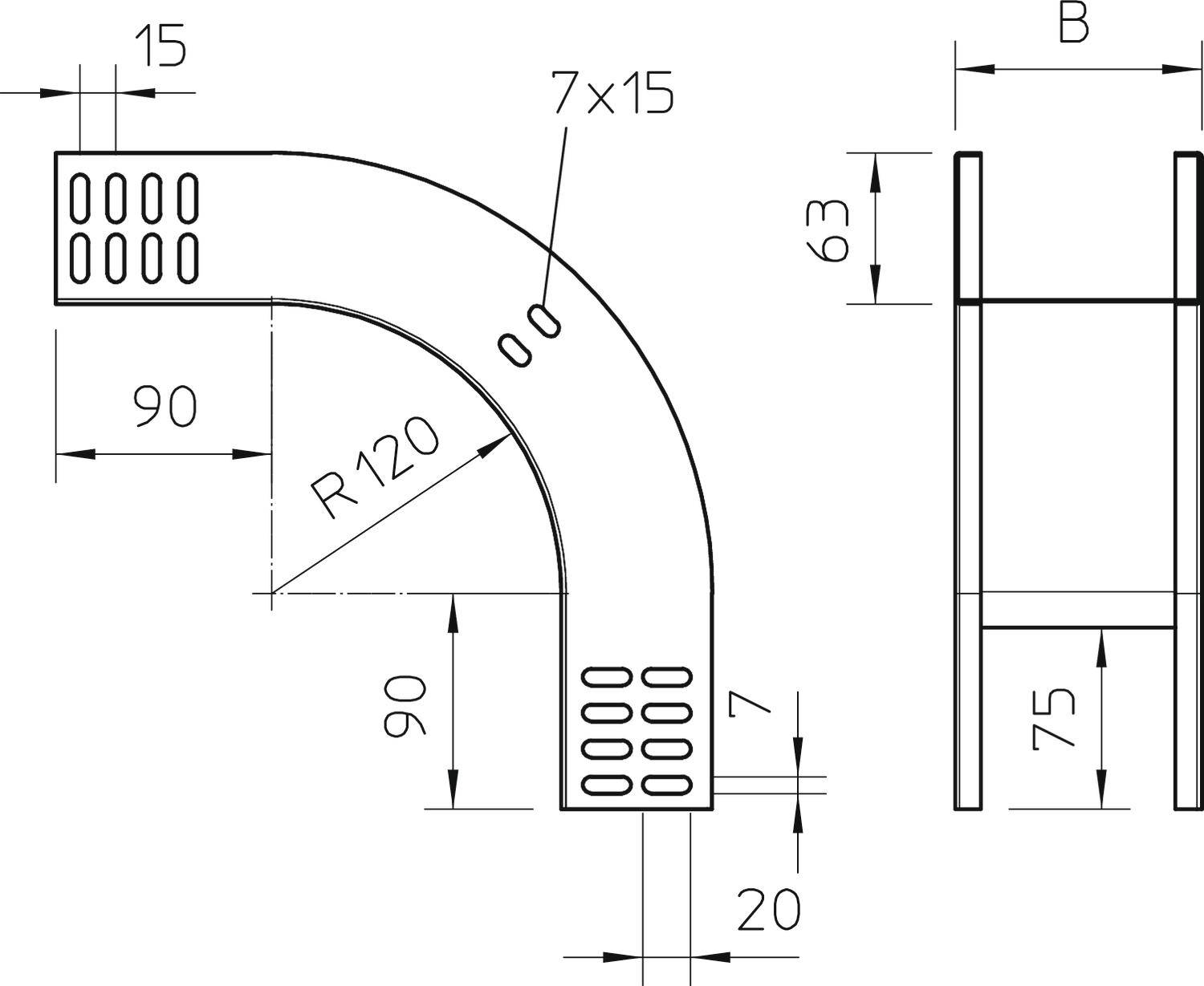 Technische Zeichnung zeigt zwei Ansichten eines gebogenen Metallprofils mit Bemaßungen: Radius 120, Löcher 7x15, Gesamtlänge 90.