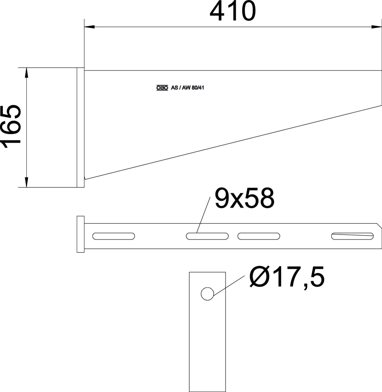 Technische Zeichnung eines metallischen Winkelelements; Maße: Breite 410 mm, Höhe 165 mm; Befestigungsschlitze 9x58 mm; Lochdurchmesser 17,5 mm.