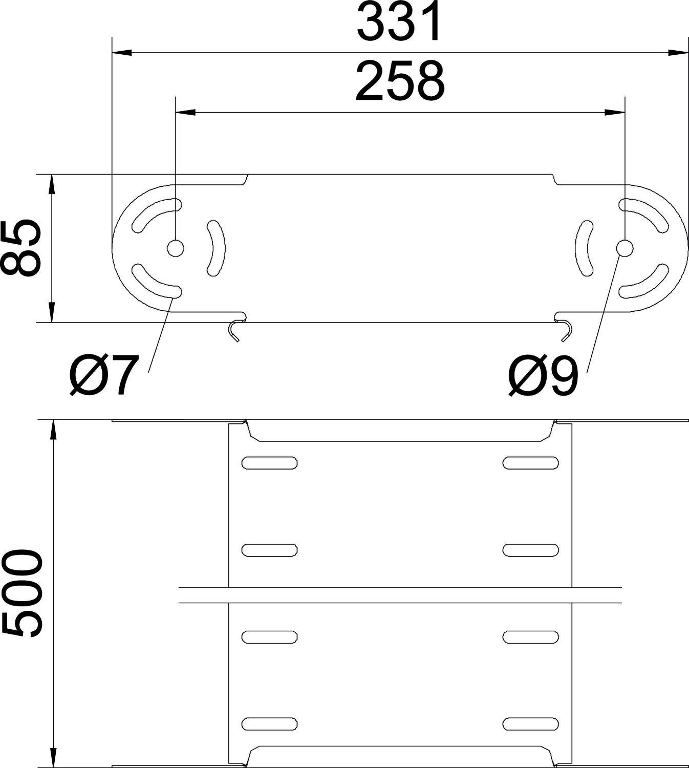 Technische Zeichnung eines Bauteils mit Maßen: 331, 258, 500, 85; Lochdurchmesser Ø7 und Ø9. Oben Draufsicht, unten Seitenansicht.
