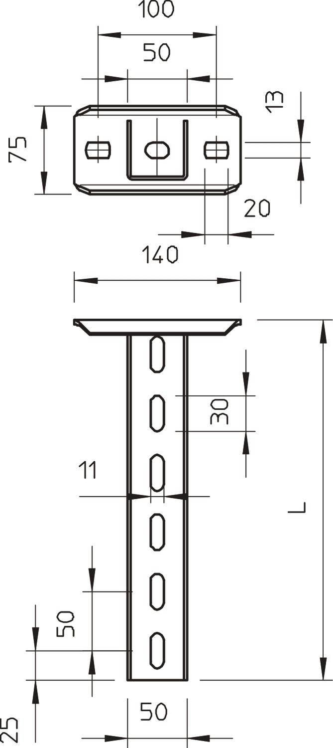 Technische Zeichnung eines Metallprofils mit Maßen: 140 mm Breite, 75 mm Höhe, Löcher im Schaft, Länge L variabel.