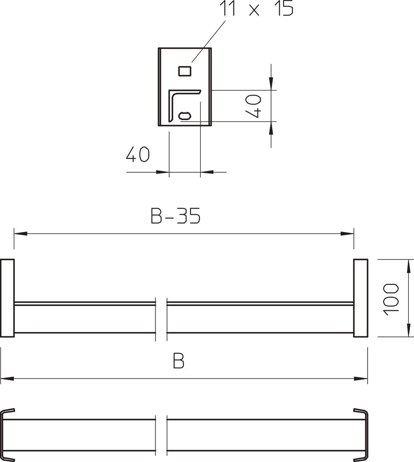 Technische Zeichnung eines Halters mit Maßen. Oben: Seitenansicht mit 11x15mm Aussparung, 40mm Breite. Unten: Frontansicht mit 100mm Höhe, B-35mm.