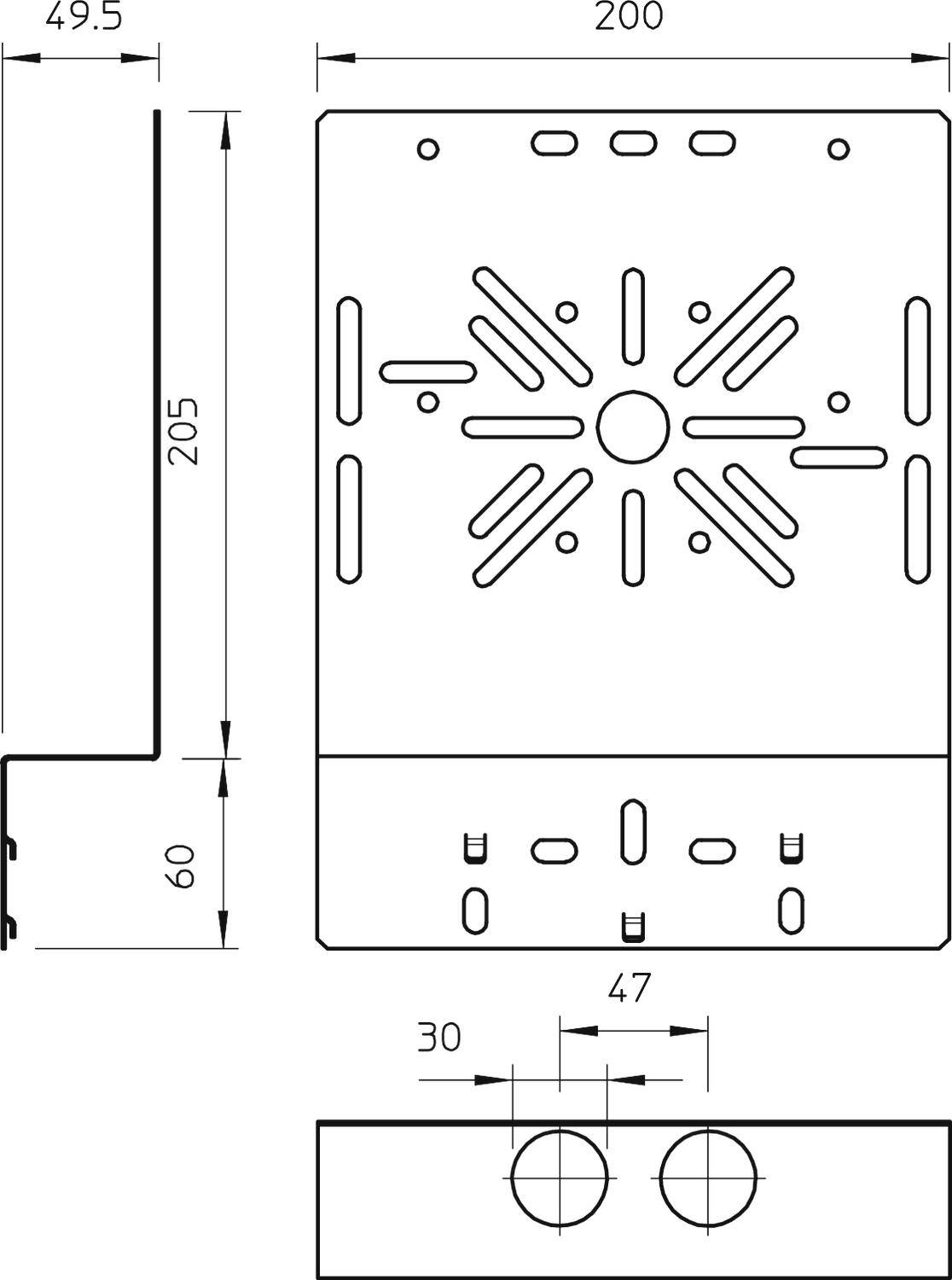 Technische Zeichnung eines rechteckigen Metallgehäuses. Maße: 200 mm Breite, 205 mm Höhe, 49,5 mm Tiefe. Front mit symmetrischen Öffnungen.