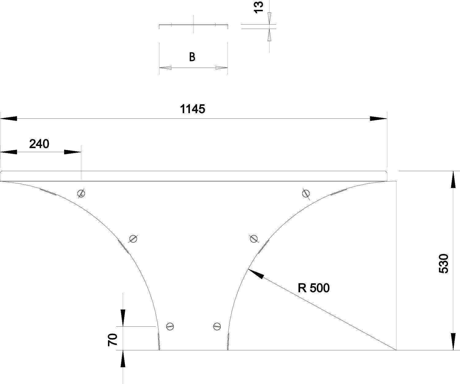 Technische Zeichnung einer Tischplatte: rechteckig, 1145 mm breit, 530 mm hoch mit abgerundeten Ecken, Radius 500 mm, mehrere Bohrungen.