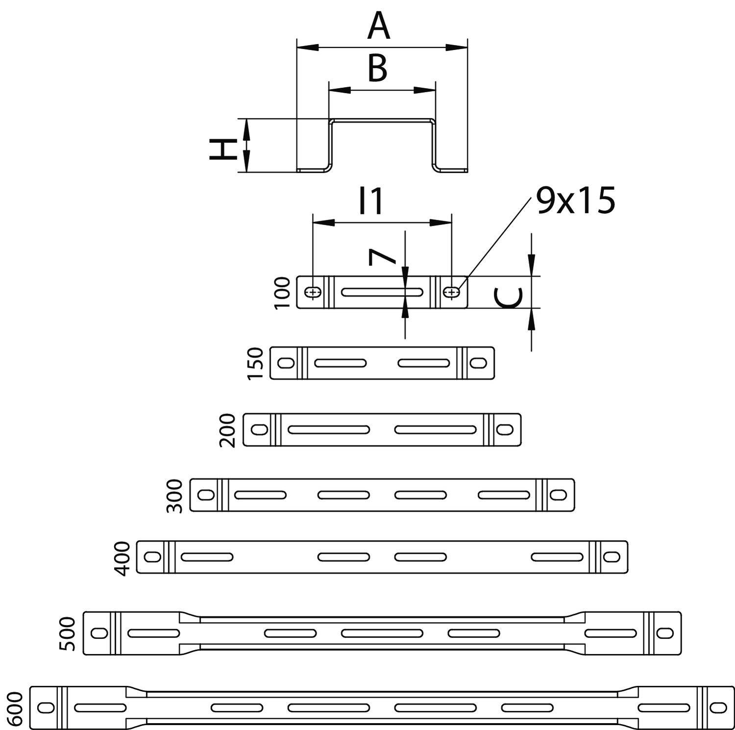 Technische Zeichnung von Heizkörper-Wandhalterungen in verschiedenen Größen. Oberer Teil zeigt Maße 'A', 'B', 'H'; unterer Teil verschiedene Längen (100-600).