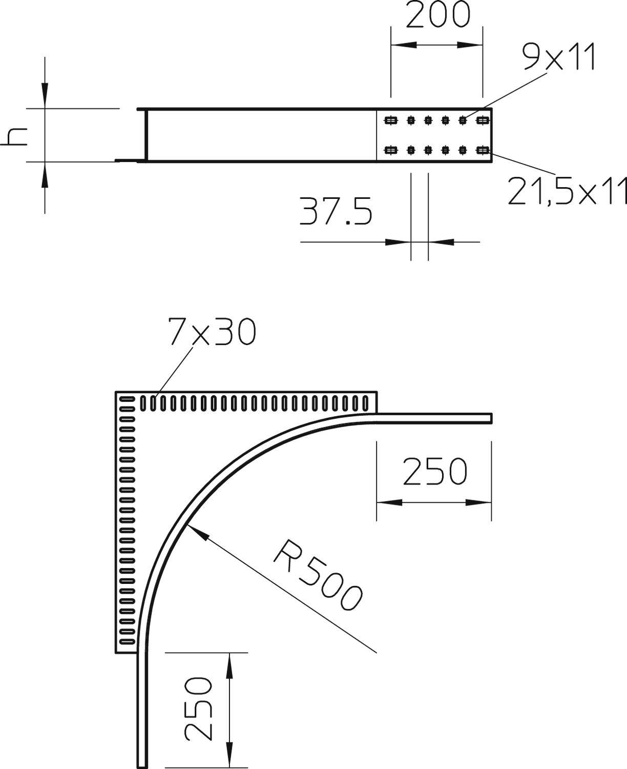 Technische Zeichnung einer Metallstrebe mit maßlichen Angaben. Oben: Länge 200, Breite 9x11, Höhe 21,5x11. Unten: Biegung R500, Winkel 250x250, Verstärkungen 7x30.