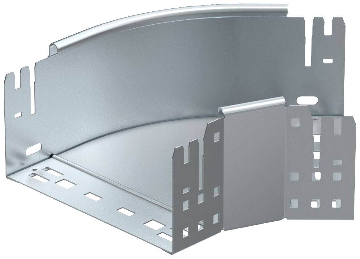 Ein silbernes Kabelkanal-Verbindungsstück aus Metall, mit gebogenem Design für die Verbindung von zwei Kanälen in einem rechten Winkel.
