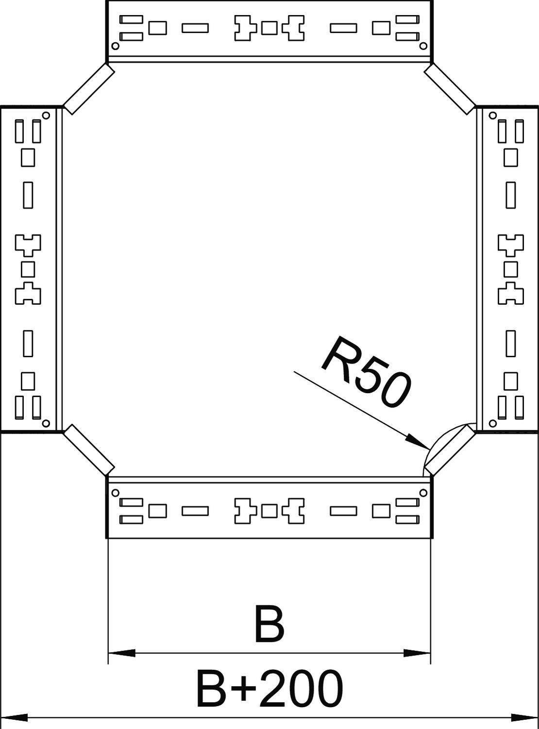 Technische Zeichnung eines quadratischen Rahmens mit abgerundeten Ecken, Radius R50. Gesamtbreite: B+200.