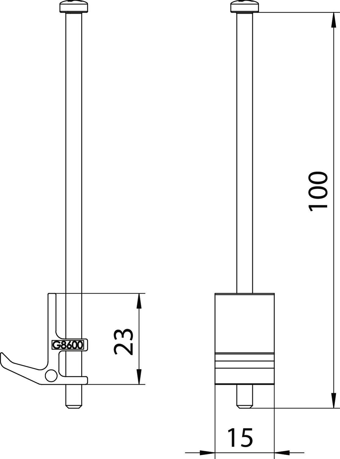 Technische Zeichnung einer Stange mit Hebel, links mit Maßangaben: 100 mm Höhe, 23 mm Hebelhöhe, 15 mm Breite der unteren Komponente.
