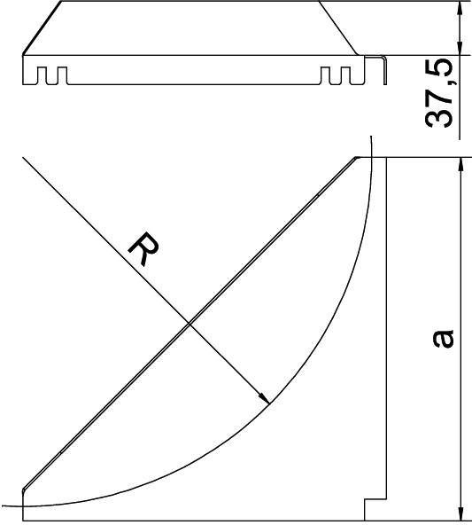 Technische Zeichnung eines Bauteils mit Maßen: Breite oben 37,5 mm; Seitenansicht zeigt eine schräge Linie, Radius 'R' und Höhe 'a'.