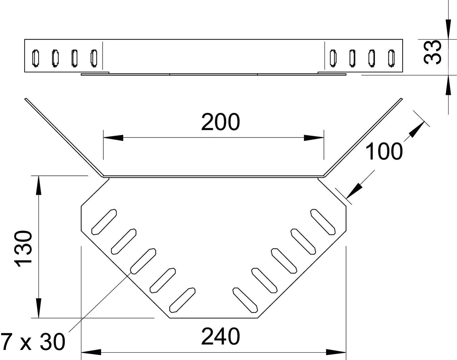 Technische Zeichnung eines Metallprofils mit Maßen: 240 mm Breite, 130 mm Höhe, 200 mm Länge, 33 mm Höhe des oberen Teils.