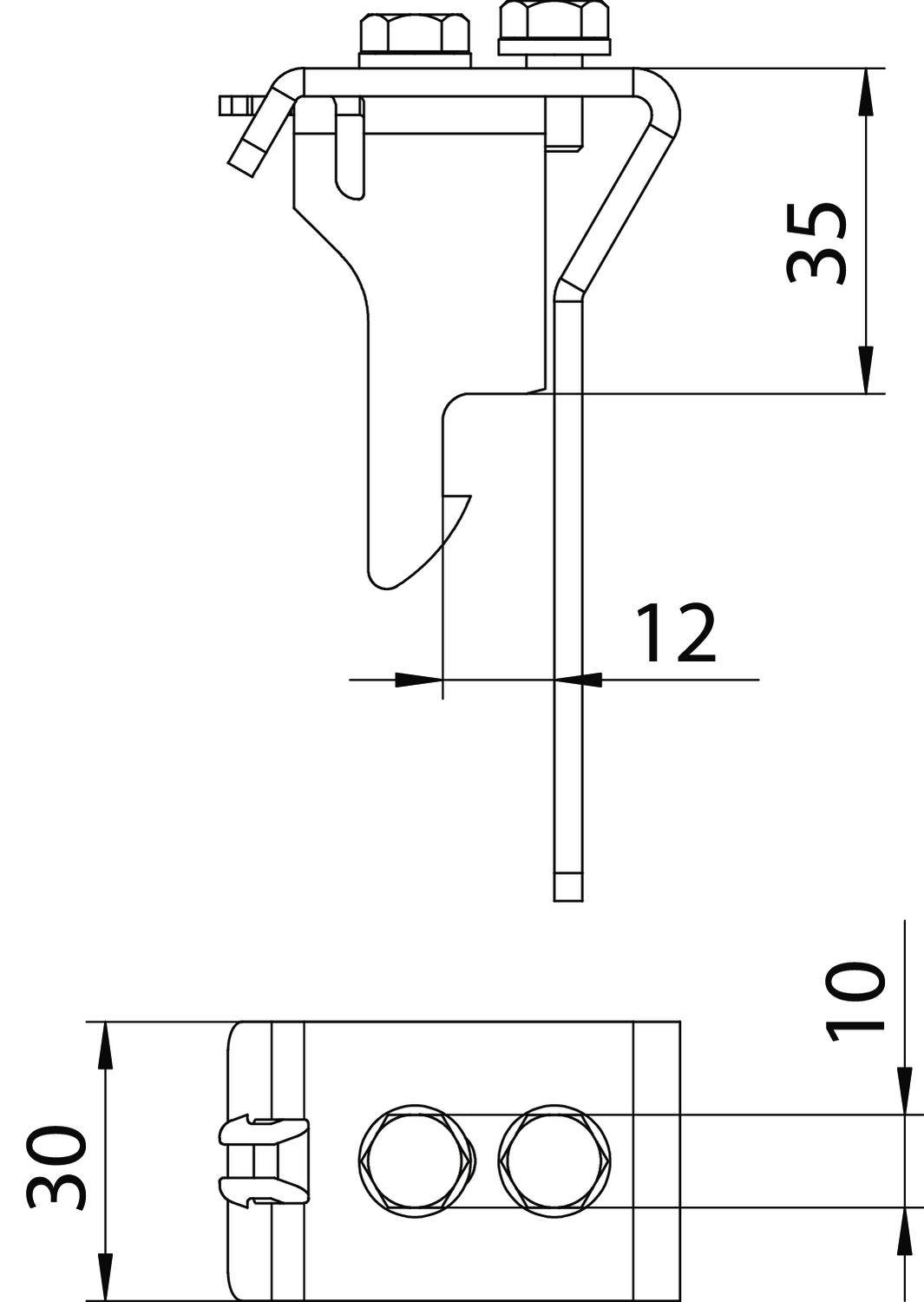 Technische Zeichnung eines Montageteils mit Maßen: 35 mm Höhe, 12 mm Breite, 30 mm Tiefe, 10 mm Sockelhöhe.