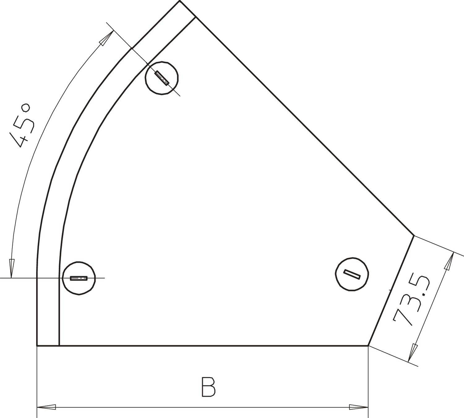 Technische Zeichnung eines Winkels mit zwei Bohrungen und einer Bemaßung von 73,5 auf der vertikalen Seite und 45 Grad auf der Kurve.