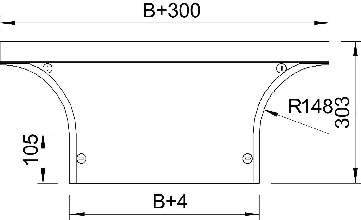 Technische Zeichnung eines Balkens mit den Maßen B+300 Breite, 105 Höhe und 303 Gesamthöhe. Radius der Rundung R148.