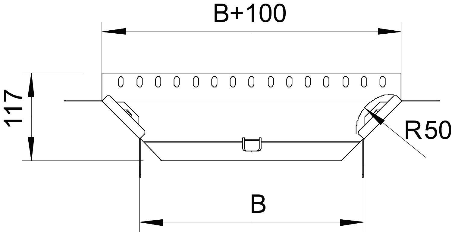 Technische Zeichnung eines Bauteils mit Maßen: Breite B, Höhe 117, Erweiterung B+100, Radien R50 und Bohrlöcher oben.